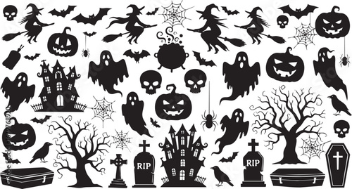 Halloween Silhouette Icon Pack – Spooky Black Graphics of Pumpkins, Ghosts, Bats, Witches, Haunted Houses, and More for Decor & Design