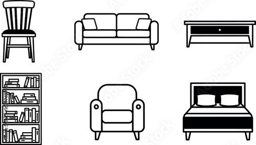 Home furniture icons set chair sofa table bookshelf armchair bed vector illustration 