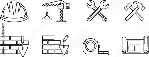 Construction tools and equipment vector icons including helmet crane trowel tape measure blueprint 