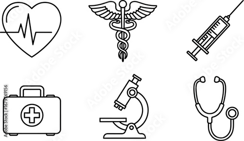 Medical Icons Heartbeat Microscope Syringe Stethoscope First Aid Kit Vector Illustration 