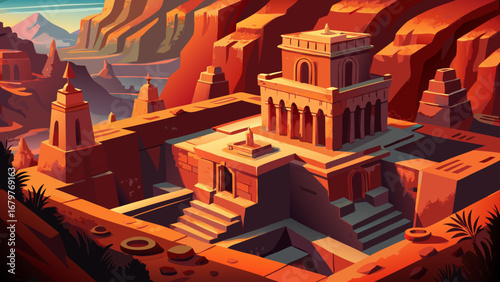 Lalibela Rock-Hewn Churches, Ethiopia, appear carved into volcanic rock, connected by sunken courtyards and tunnels. Crimson light across textured facades; semi-realistic flat vector capturing depth, 