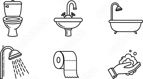 Bathroom hygiene icons collection including toilet sink bathtub shower handwashing toilet paper vector illustration 