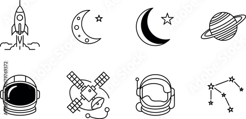 Space icons set with rocket moon planet astronaut satellite constellation vector illustration 