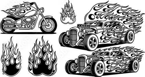 Motorcycle and Hot Rod Cars with Flames Vector Illustration Set Black and White 