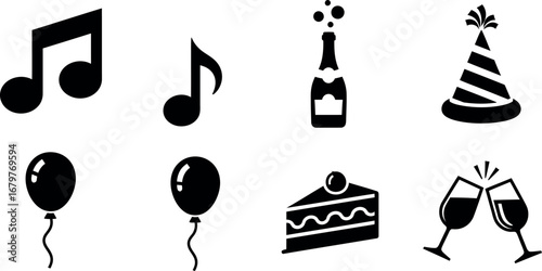 Party celebration icons with music notes balloon cake champagne and party hat vector illustration 