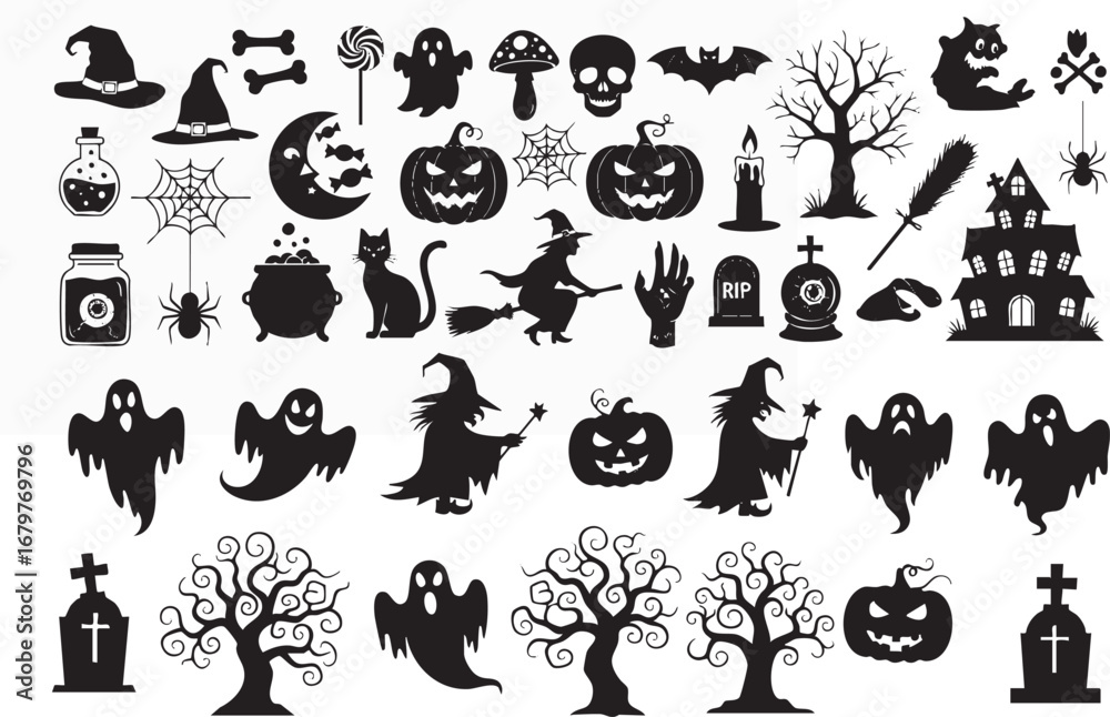 Fototapeta premium Halloween Silhouette Icon Pack – Spooky Black Graphics of Pumpkins, Ghosts, Bats, Witches, Haunted Houses, and More for Decor & Design