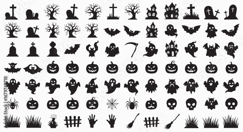 Halloween Icon Set – 25 Black & White Spooky Graphics Featuring Ghosts, Pumpkins, Skeletons, Haunted Houses, Bats & More for Seasonal Design