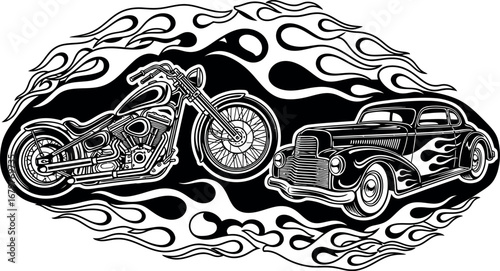 Vintage motorcycle and classic car with flame design vector illustration black and white 
