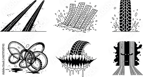 Vehicle Tire Tracks and Patterns Vector Illustration in Black and White Style 