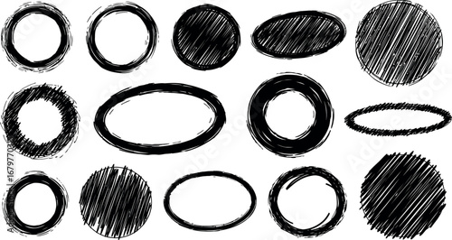 Hand Drawn Black Ink Circles and Ovals Vector Illustration Artistic Sketch Set 