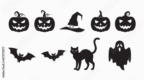 Halloween Silhouette Icons Ghost Pumpkin Bat Cat Witch Hat Clipart Bundle