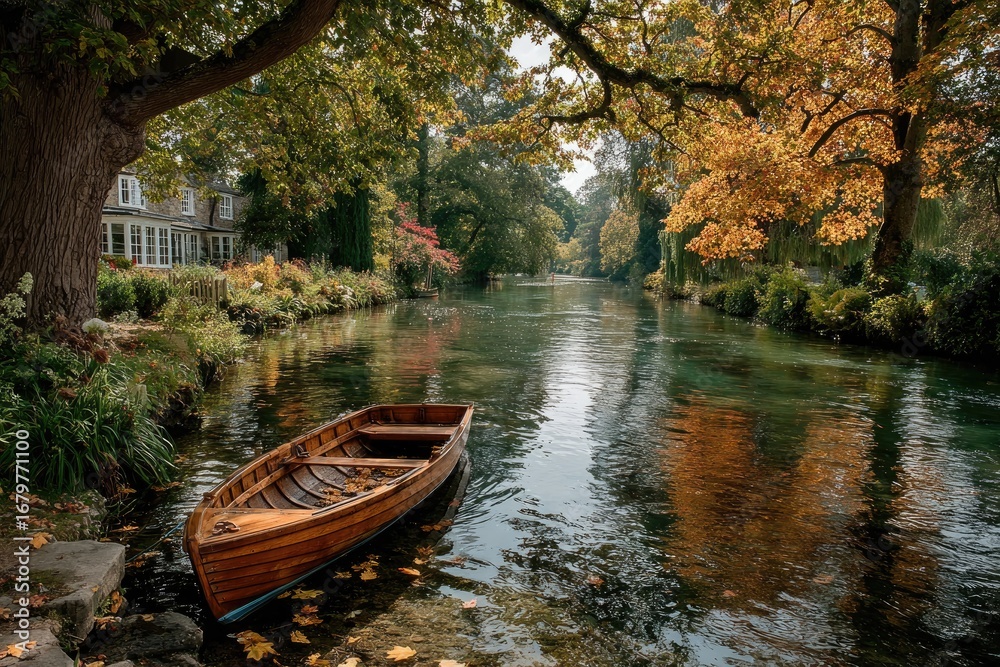 Obraz premium Tranquil autumnal canal scene. Wooden boat rests by shallow water, beneath a canopy of autumn trees. Houses line the banks