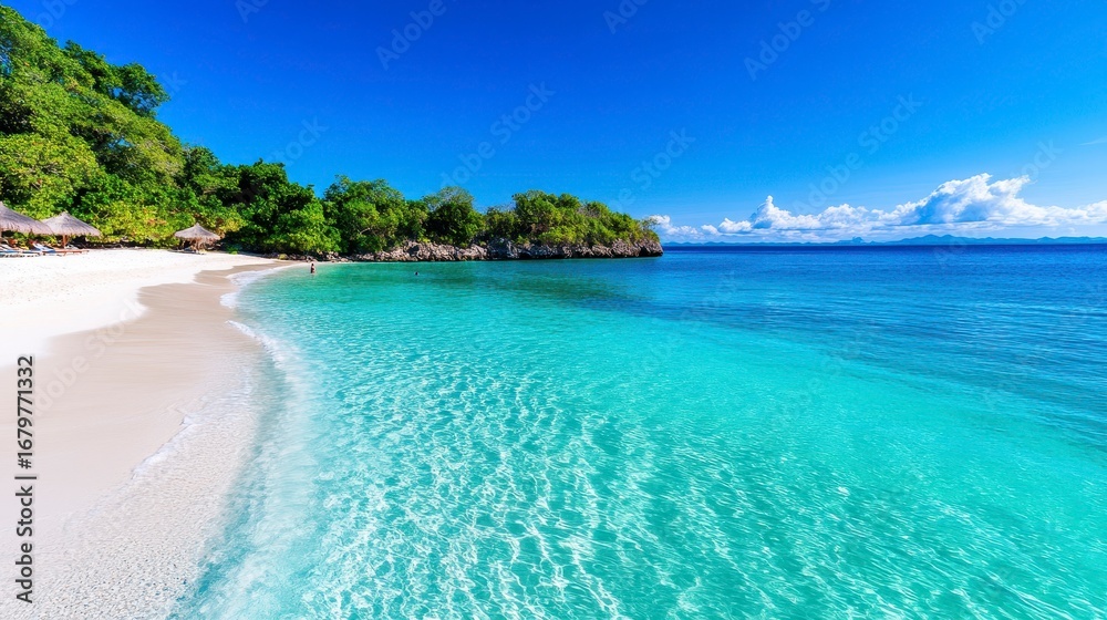 Naklejka premium A serene tropical beach with clear turquoise waters and lush green foliage under a bright blue sky, ideal for relaxation and adventure.