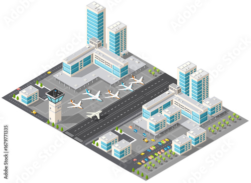 International airport with control tower and airplanes taking off and landing