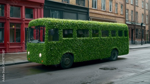 A whimsical green bus covered in vibrant leaves parked on a city street, blending nature with urban architecture
