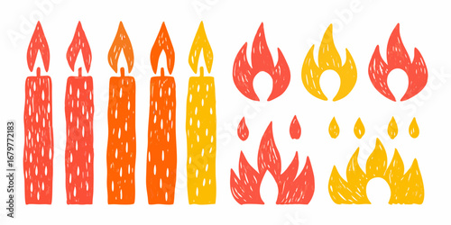 Collection of hand drawn candles and flames in warm colors isolated on white background