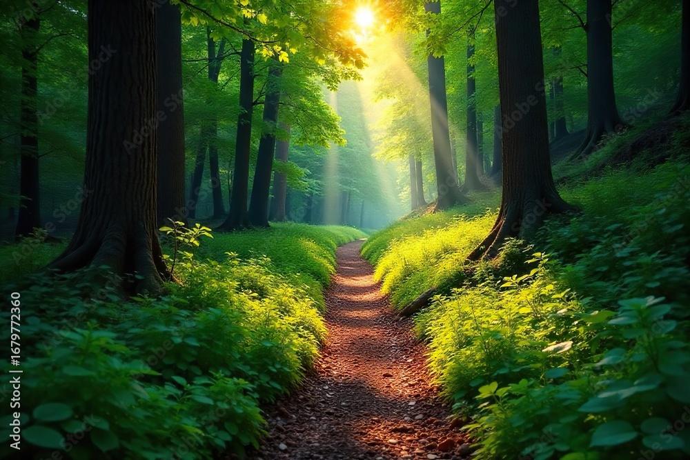 Obraz premium A winding trail disappears into a lush forest, sunlight dappling through the leaves onto the path ahead Perfect for adventure and nature lovers seeking solitude and escape , travel, sunlight