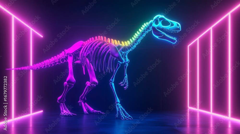 Fototapeta premium A vibrant neon dinosaur skeleton illuminated in a futuristic setting with colorful lights and geometric lines