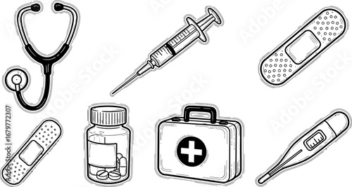 Medical equipment set with stethoscope syringe medicine bottle first aid kit thermometer and bandages vector illustration 