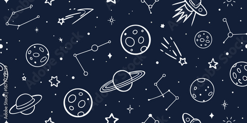Whimsical white line art of planets stars constellations and rockets on a dark blue cosmic background