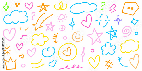 Collection of colorful hand drawn doodle elements including hearts stars clouds smiles and more on a white background