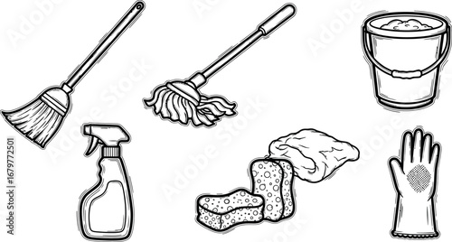 Cleaning tools and supplies set with broom mop bucket gloves sponge spray bottle vector illustration 