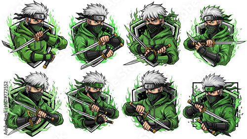 Green Flame Street Ninja Logo Set – Anime Esports Mascot with Dagger, Hoodie, and Shield Badge