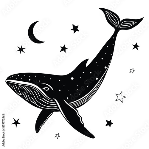 Whale swimming under shattered night silhouette