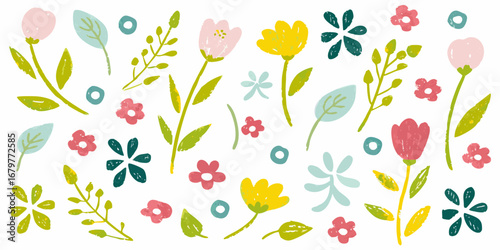 Wallpaper Mural Hand drawn floral pattern with colorful flowers and leaves in a playful whimsical style Torontodigital.ca