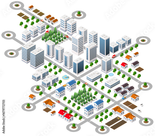 Growing urban landscape expanding into countryside with houses and skyscrapers