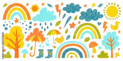 Whimsical hand drawn autumn weather elements with rainbows and cute animals