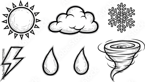 Weather Symbols Vector Set with Sun Cloud Snowflake Lightning Rain and Tornado Icons 