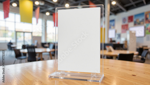 Flyer acrylic holder stands ready in exhibition hall under bright, even lighting. This flyer holder showcases blank advertisement material in hall, offering versatile branding for event promotions.