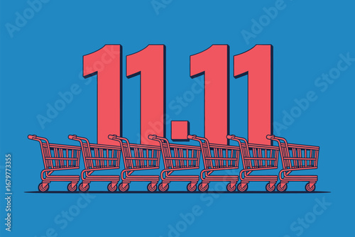 Illustration of several shopping carts lined up under the numbers eleven eleven on a blue background