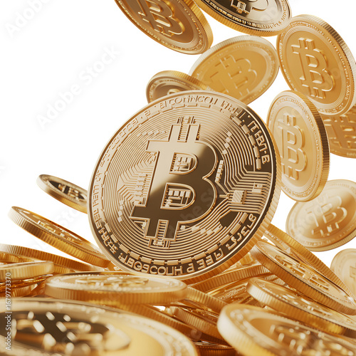 Golden Bitcoin Coins Falling and Piled Up