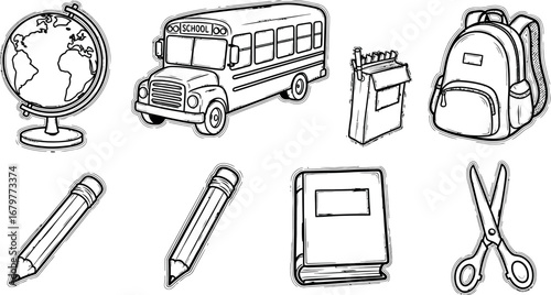 School supplies globe school bus pencil notebook scissors backpack vector illustration 