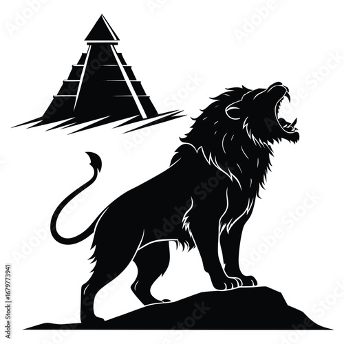 Lion roaring in neon temple silhouette