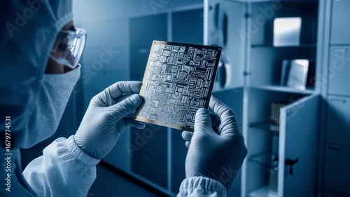 Gloved technician examining detailed electronbeam lithography mask patterns stored safely in a climatecontrolled vault environment.