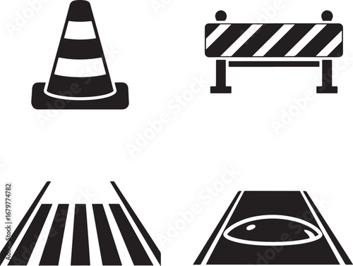 Construction and Road Safety Icons Traffic Cone Barricade Zebra Crossing and Speed Bump Symbol Set
