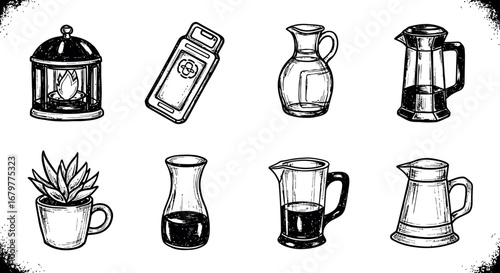 Vintage black and white coffee pot and jug vector illustration set for kitchen decor and beverage preparation 
