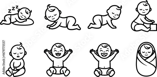 Baby milestone vector icons set with crawling sitting laughing and sleeping poses 