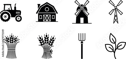 Farm agriculture icons with tractor barn windmill wheat pitchfork and plant vector illustration 