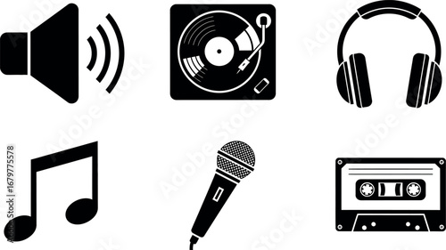 Music icons set including speaker, vinyl, headphones, note, microphone, cassette vector illustration 