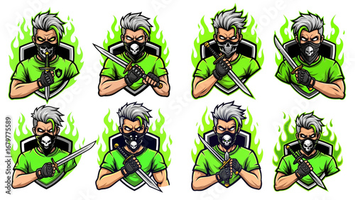 Neon Green Gamer Logo Set – Esports Mascot with Skull Mask, Sword, Two-Tone Hair, and Toxic Flames