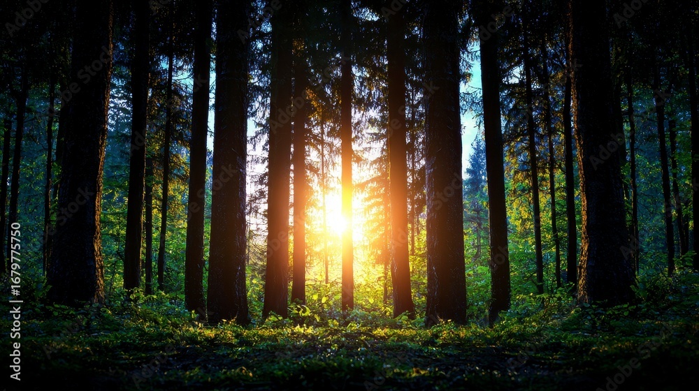 Obraz premium Sunlight breaking through the dense forest trees at dawn, illuminating the lush greenery and creating a tranquil forest atmosphere.