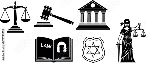 Law and Justice Symbols Vector Set with Scales, Gavel, Courthouse, Book, Badge, and Lady Justice Icon 
