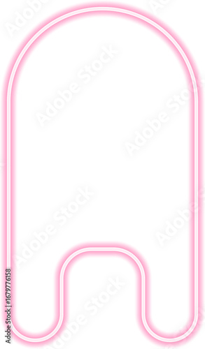 Shape with neon outline of a long rectangle with rounded sides and concave opposite.