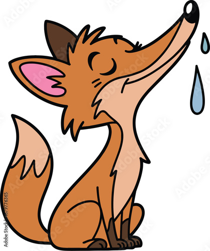 Cartoon fox looking up with closed eyes and water droplets falling from its nose
