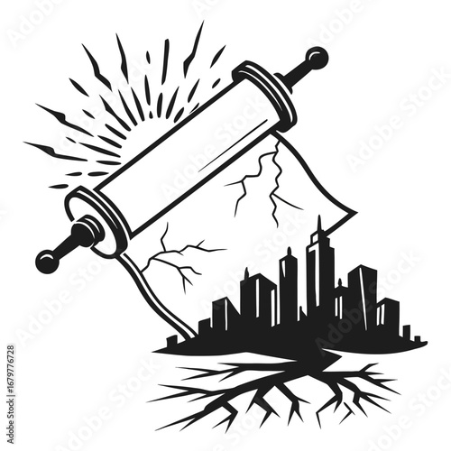 Ancient scroll glowing above shattered city silhouette