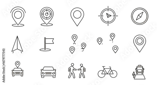 Illustration of various navigation and location icons including maps, vehicles, and transportation means on transparent background